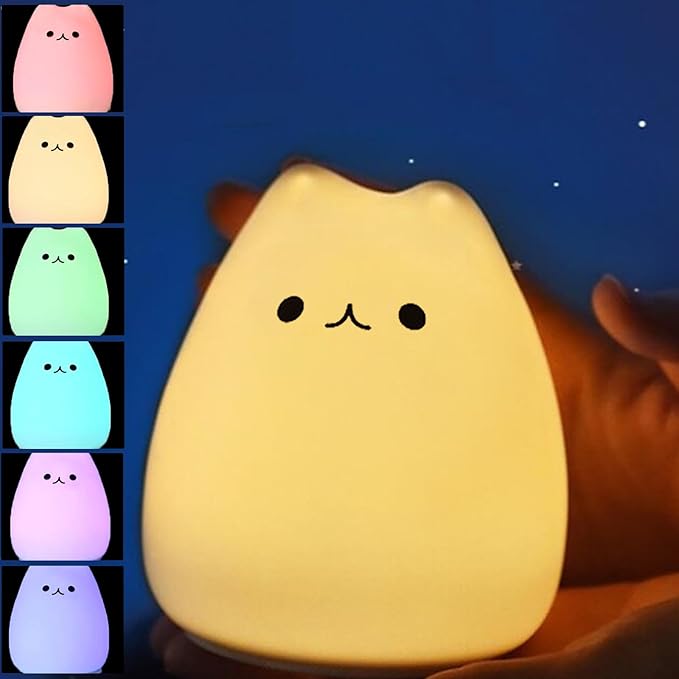 Cat Night Light 7 Colors, Silicone Squishy Cat Lamp, Battery Operated Night Lights, Tap Control, Energy Saving LED Lamp Cute Gifts for Christmas, Nursery Nightlight