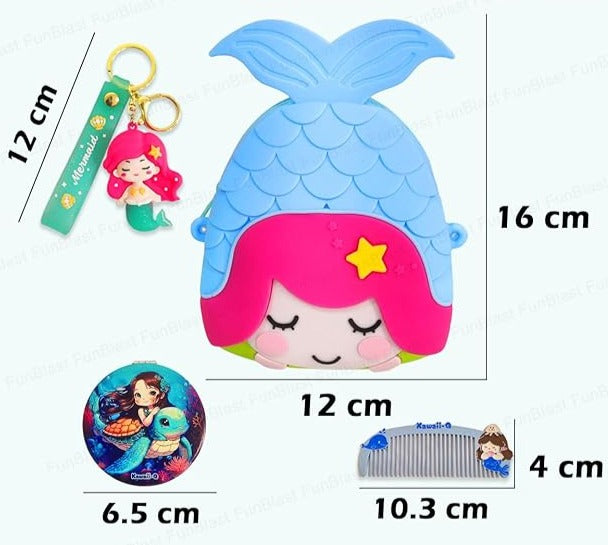 Cute Mermaid Design Combo For Kids With Mirror, Comb and Silicon Keychain (Select From Drop Down Menu)