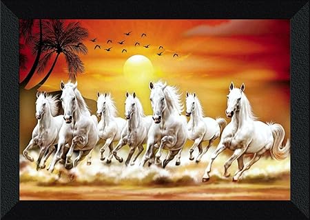 Seven Lucky Running Wild White Horses With Sun Rise Wall Art - Home Decorative Item Wall Painting With Solid Wooden Frame 13" X 10"