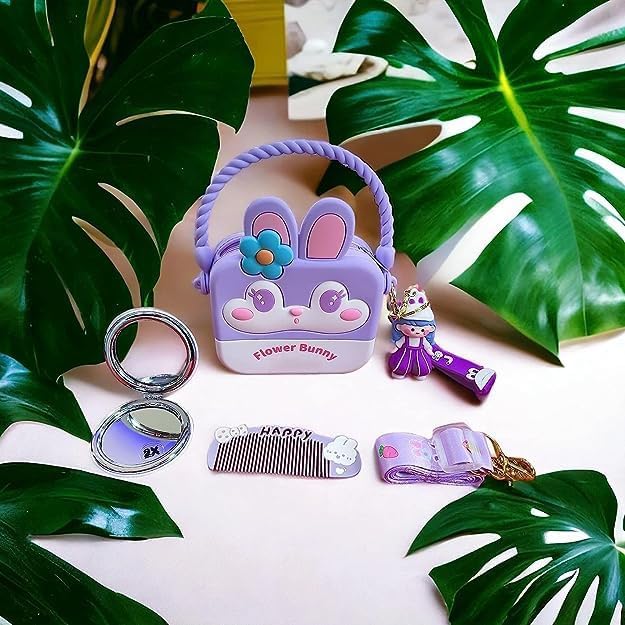 Cute Flower Bunny Combo For Kids With Mirror, Comb and Silicon Keychain - Lilac