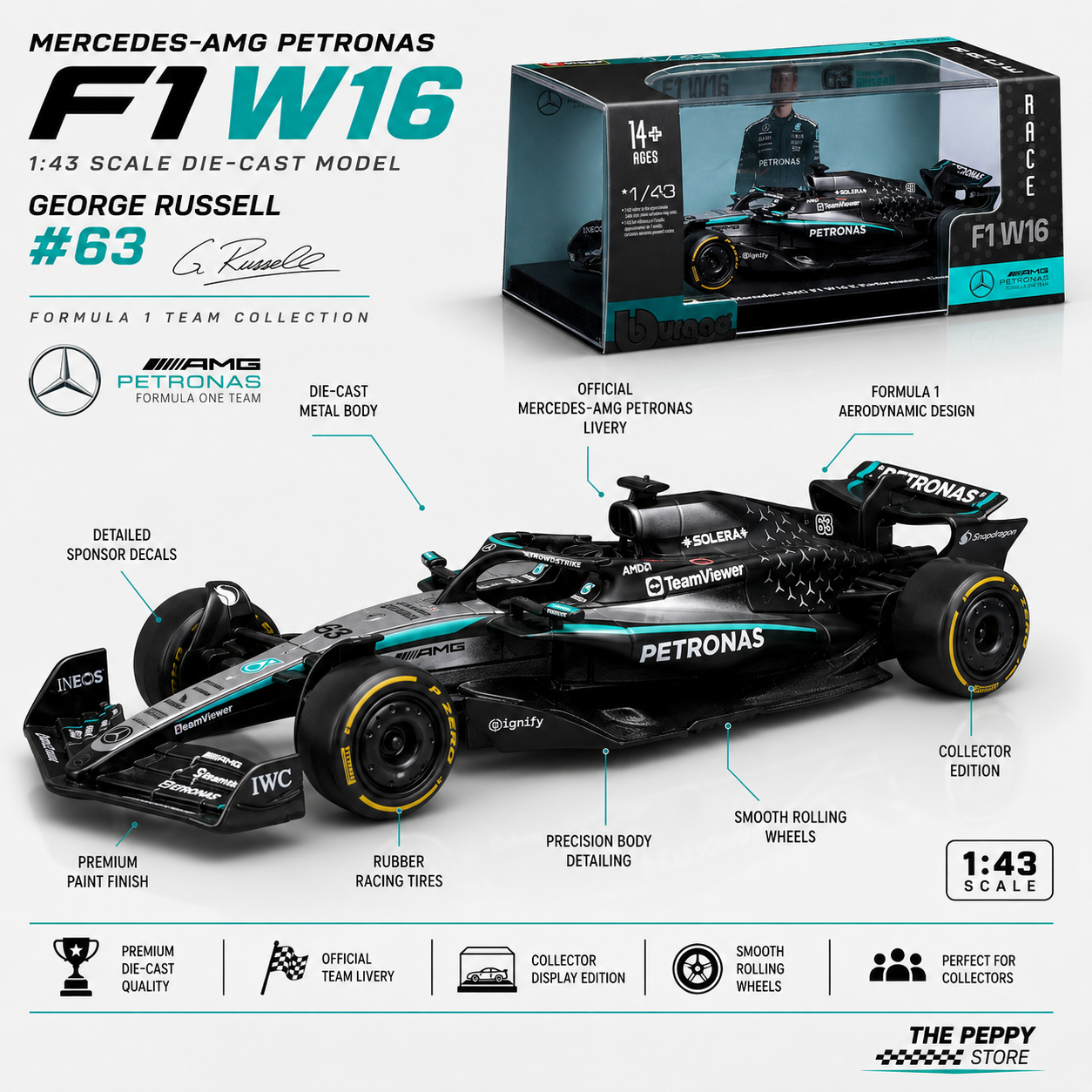 Official Bburago 2025 Mercedes-AMG W16 63 George Russell Australia GP - Scale 1 : 43 Diecast Scale Model