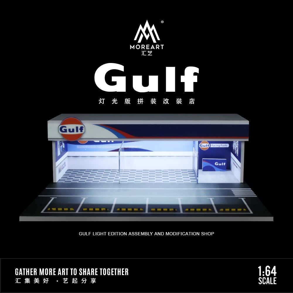 MoreArt Gulf Service Garage Diorama with LED Lighting – 1:64 Scale Display Scene for Diecast Cars