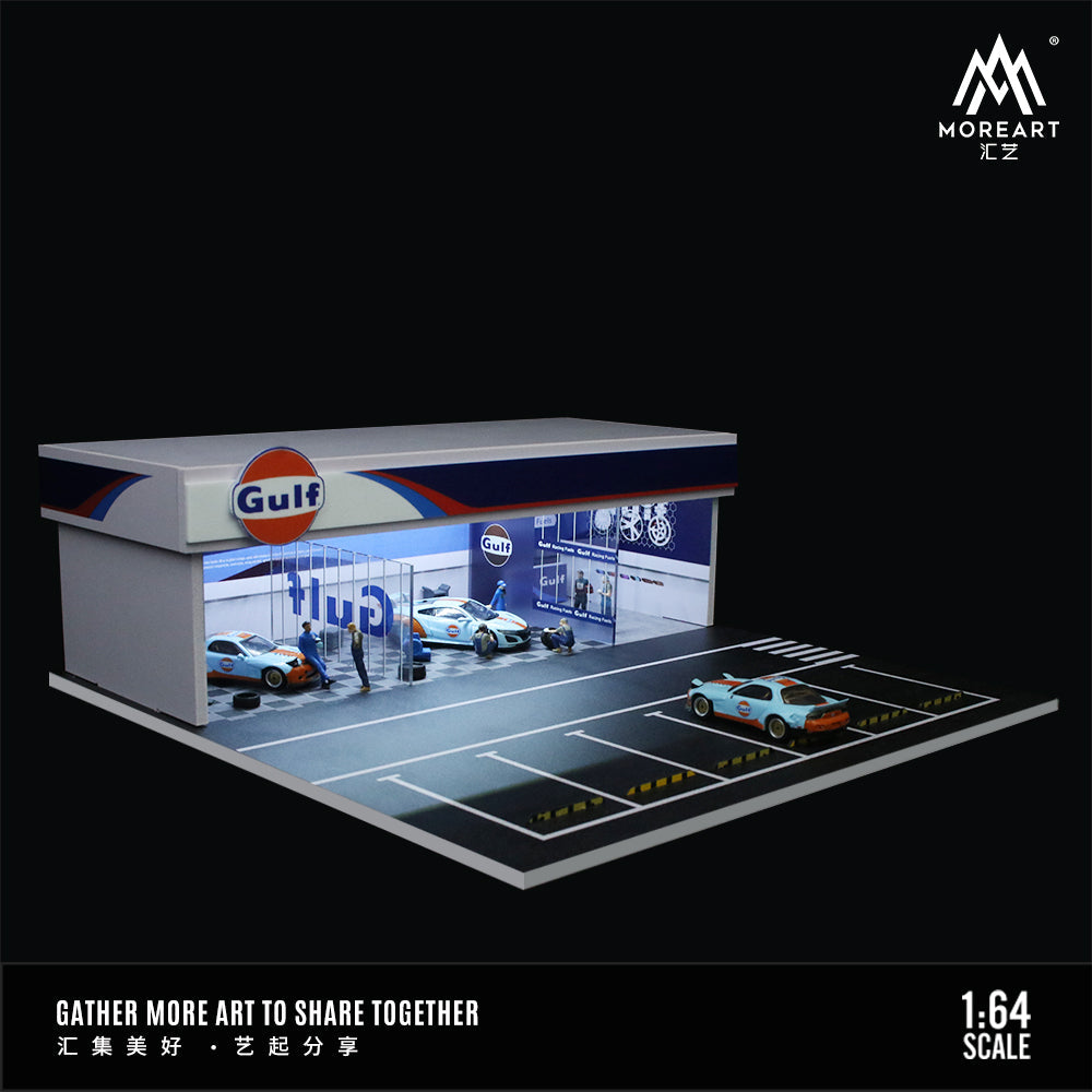 MoreArt Gulf Service Garage Diorama with LED Lighting – 1:64 Scale Display Scene for Diecast Cars
