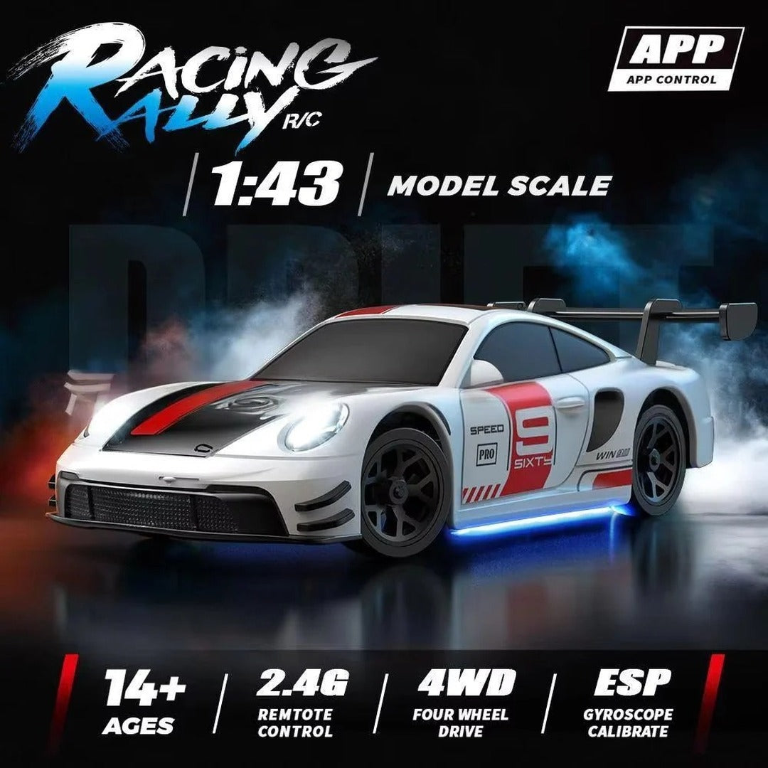 Racing Rally Porsche GT3 Style 1:43 Scale RC Drift Car with App & 2.4GHz Control, 4WD, ESP Gyroscope