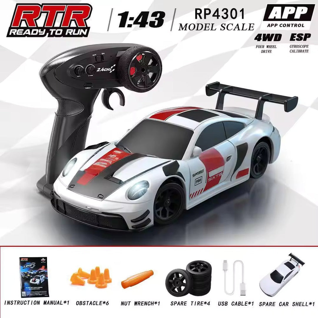 Racing Rally Porsche GT3 Style 1:43 Scale RC Drift Car with App & 2.4GHz Control, 4WD, ESP Gyroscope