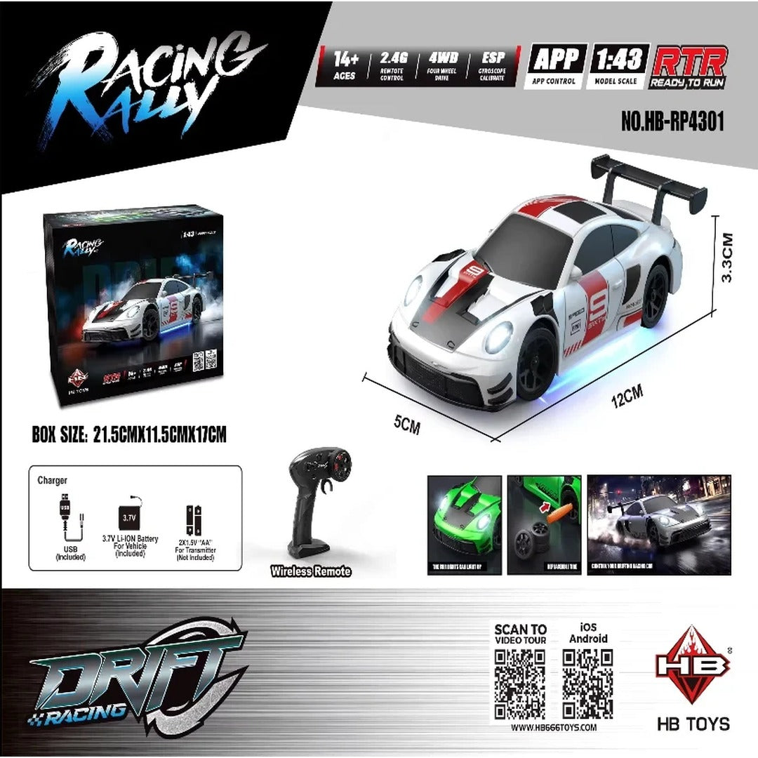 Racing Rally Porsche GT3 Style 1:43 Scale RC Drift Car with App & 2.4GHz Control, 4WD, ESP Gyroscope