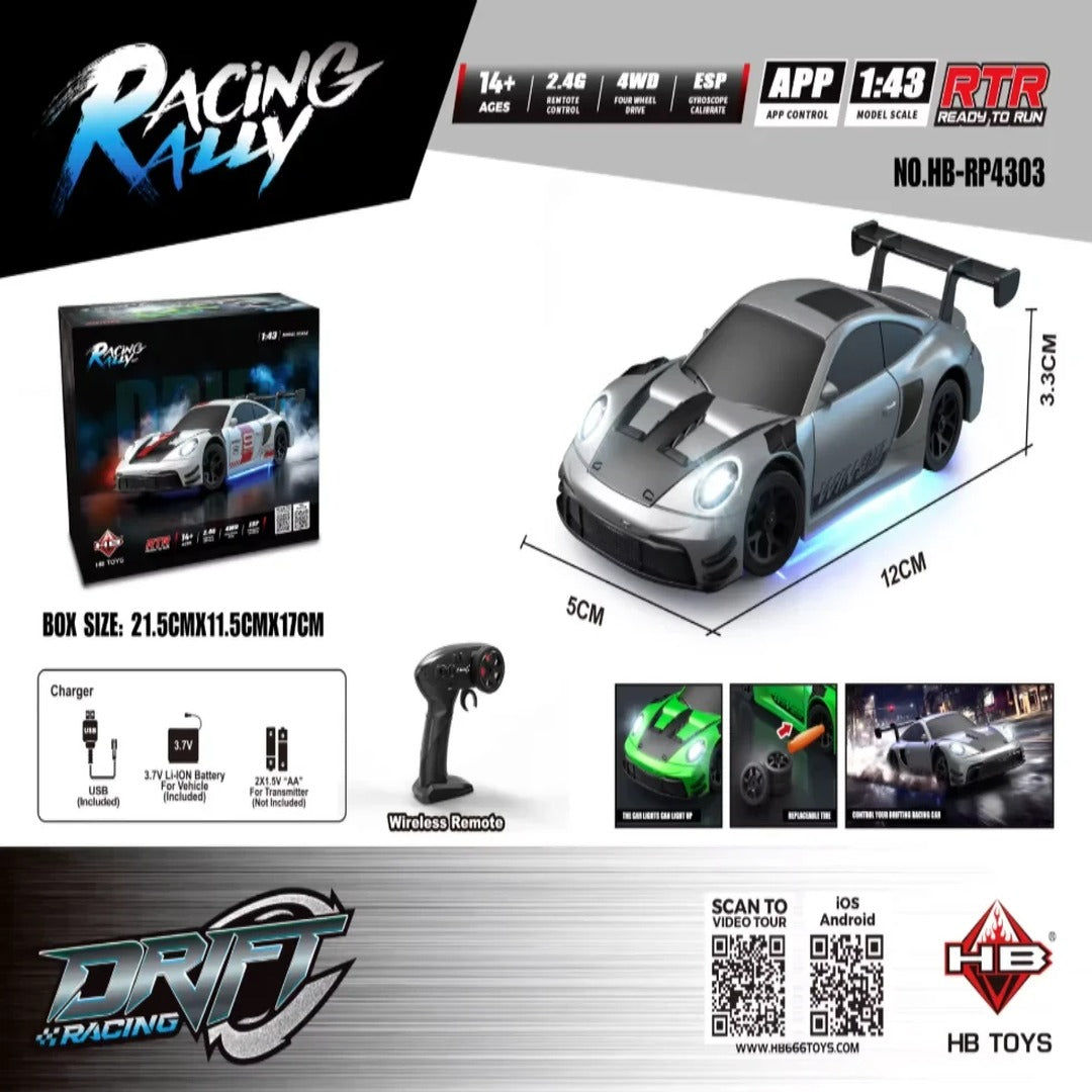 Racing Rally Porsche GT3 Style Silver 1:43 Scale RC Drift Car with App & 2.4GHz Control, 4WD, ESP Gyroscope The Peppy Store