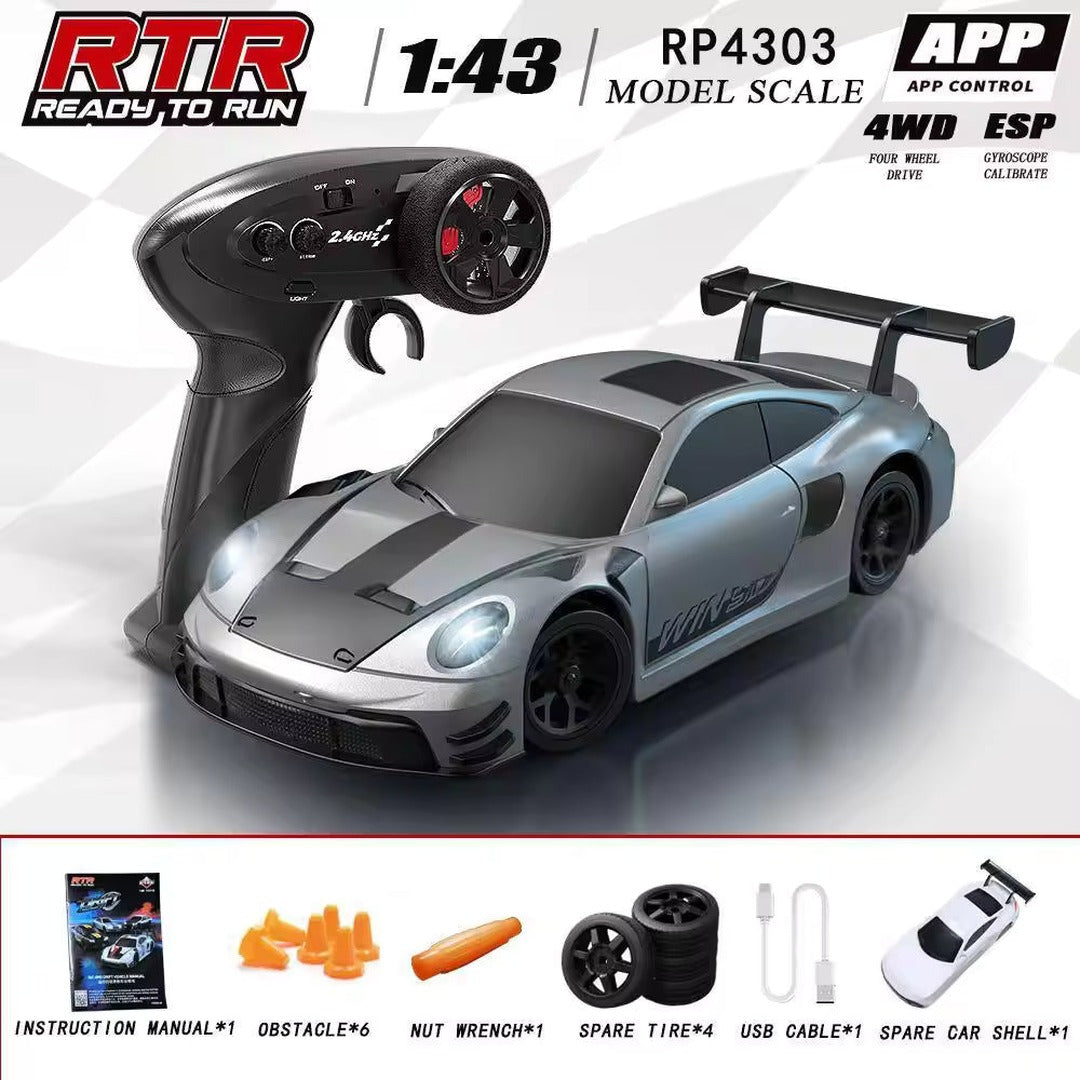 Racing Rally Porsche GT3 Style Silver 1:43 Scale RC Drift Car with App & 2.4GHz Control, 4WD, ESP Gyroscope The Peppy Store