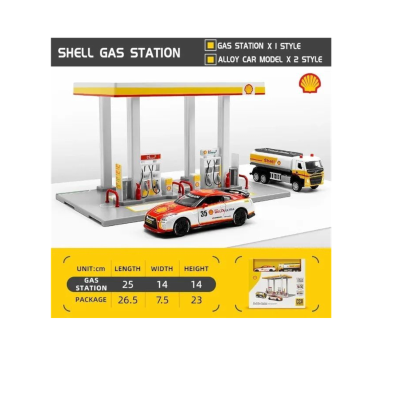 CCA Shell Gas Station Assembly Playset with Nissan GT-R & Shell Oil Tanker|Diorama