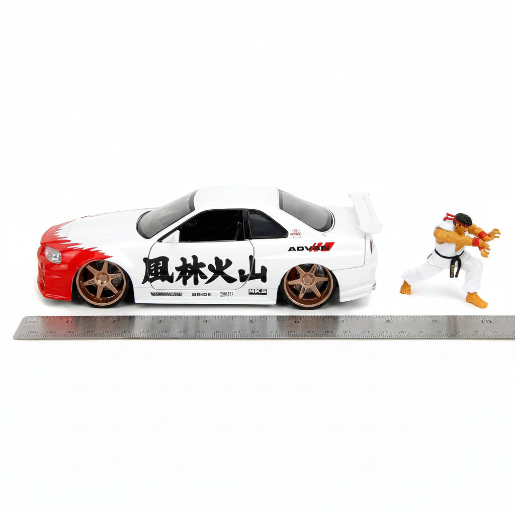 Jada Street Fighter Ryu 2002 Nissan Skyline GT-R (R34) 1:24 Diecast Model Car with Ryu Figure