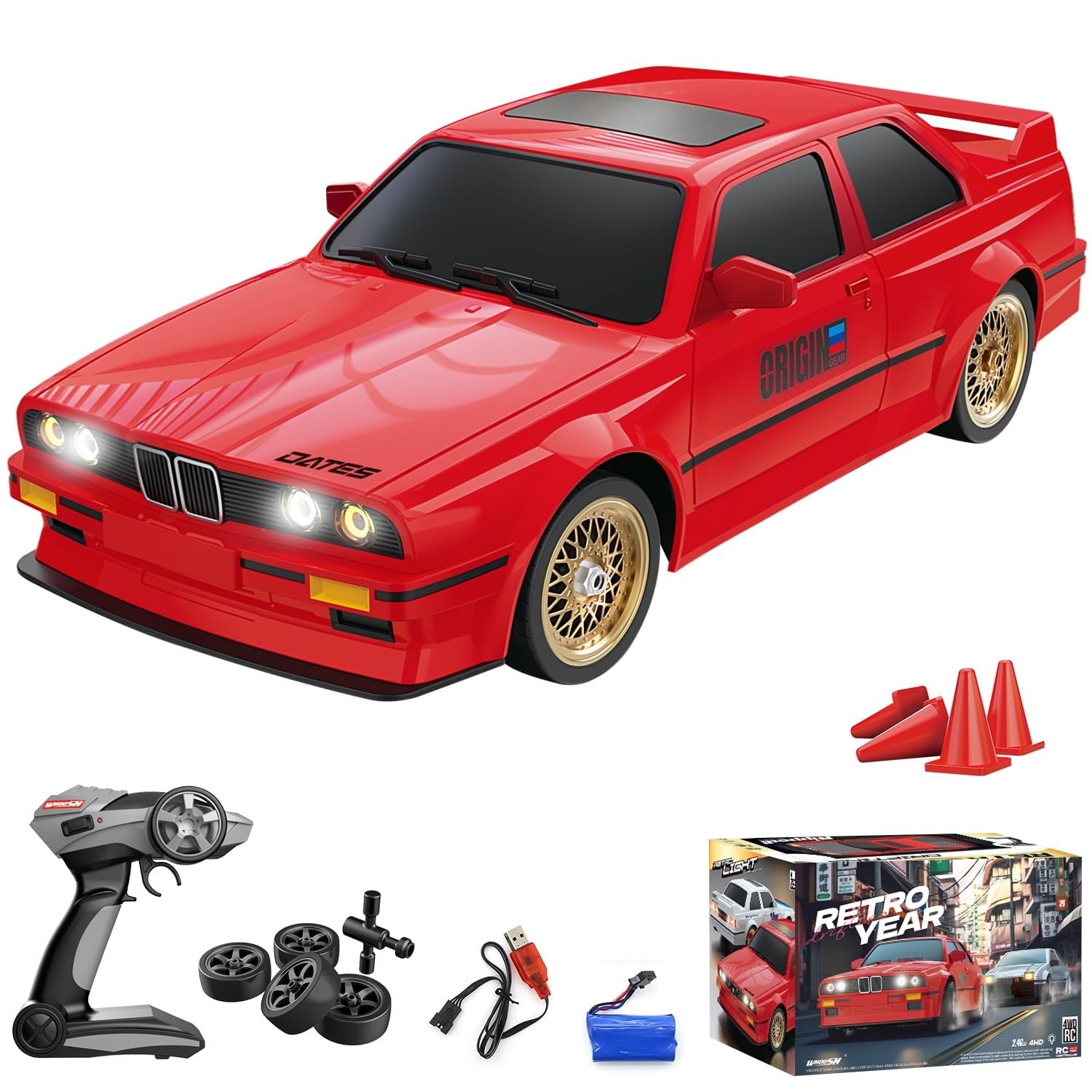Whoosh Retro Year Drift 1:16 Scale 2.4Ghz 4WD High Speed RTR Racing Car 30KM/H with Neon Led Lights, Remote Control , Batteries and Drift Tire