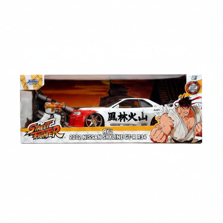 Jada Street Fighter Ryu 2002 Nissan Skyline GT-R (R34) 1:24 Diecast Model Car with Ryu Figure
