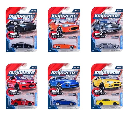 Majorette JDM Legends Premium Cars, 6-asst. -  Sporty Japanese Drift Models with Freewheel and Opening - Parts Car Model - Set of 6