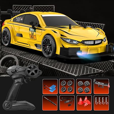 Whoosh DC Future Mega 9 Collection Super-Drift 1:16 Scale 2.4Ghz 4WD High Speed RTR Racing Car 30KM/H with Led Lights, Remote Control , Batteries and Drift Tire - Yellow