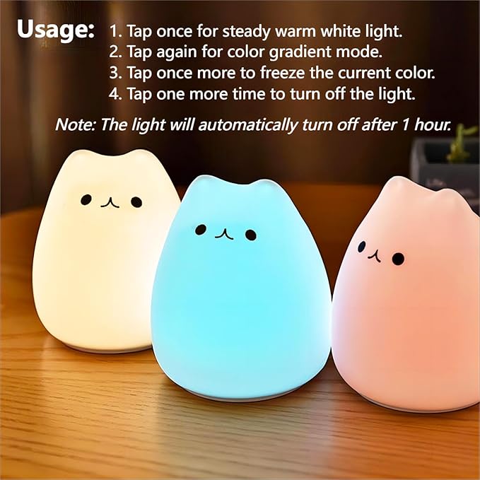 Cat Night Light 7 Colors, Silicone Squishy Cat Lamp, Battery Operated Night Lights, Tap Control, Energy Saving LED Lamp Cute Gifts for Christmas, Nursery Nightlight