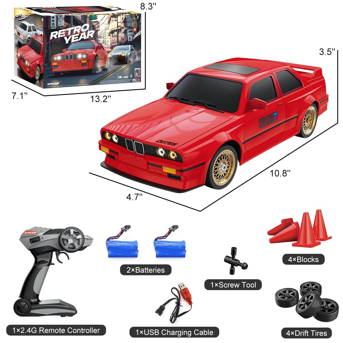 Whoosh Retro Year Drift 1:16 Scale 2.4Ghz 4WD High Speed RTR Racing Car 30KM/H with Neon Led Lights, Remote Control , Batteries and Drift Tire