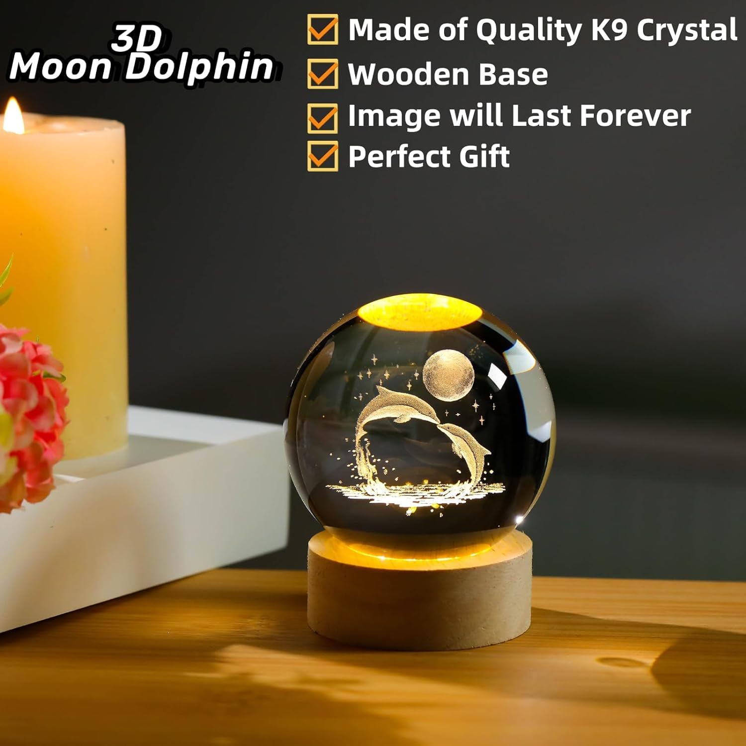 3D Crystal Moon Dolphin With Warm Led with Wood Base