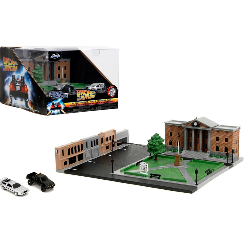 Jada Back to the Future Hill Valley Courthouse Nano Scene Diorama with 2 Nano Die-Cast Cars