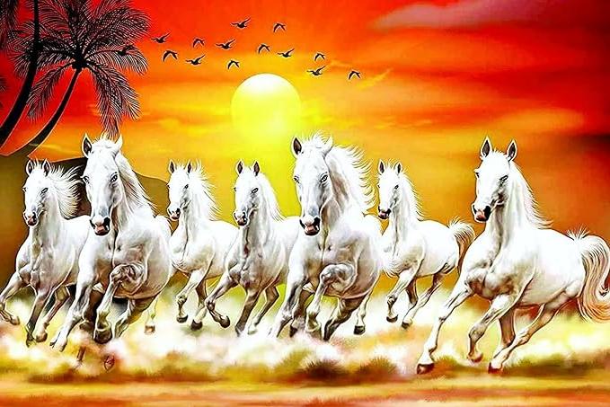 Seven Lucky Running Wild White Horses With Sun Rise Wall Art - Home Decorative Item Wall Painting With Solid Wooden Frame 13" X 10"