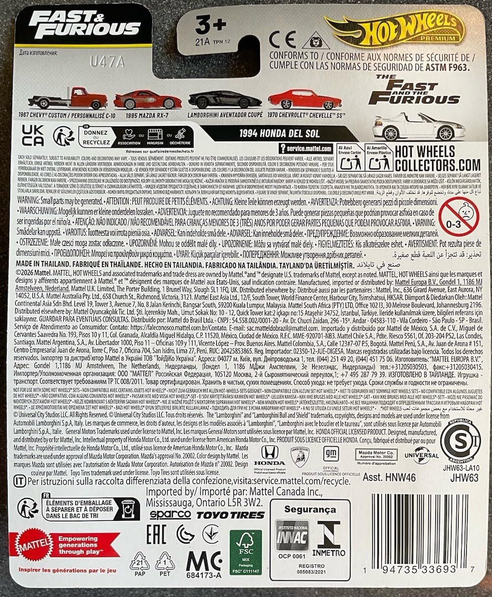 Hot Wheels Imported Premium 1/64 Car Hot Wheels Fast & Furious Premium Cars 1994 Honda del Sol 1:64 Scale Metal Collectors Vehicle Inspired by Fast & Furious