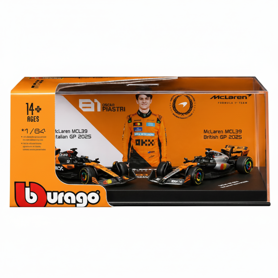 Bburago 2025 McLaren MCL39 Oscar Piastri Twin Pack Die-Cast Model Cars – Formula 1 1:64 Scale #81 (Preorder Ships 1st week of September)