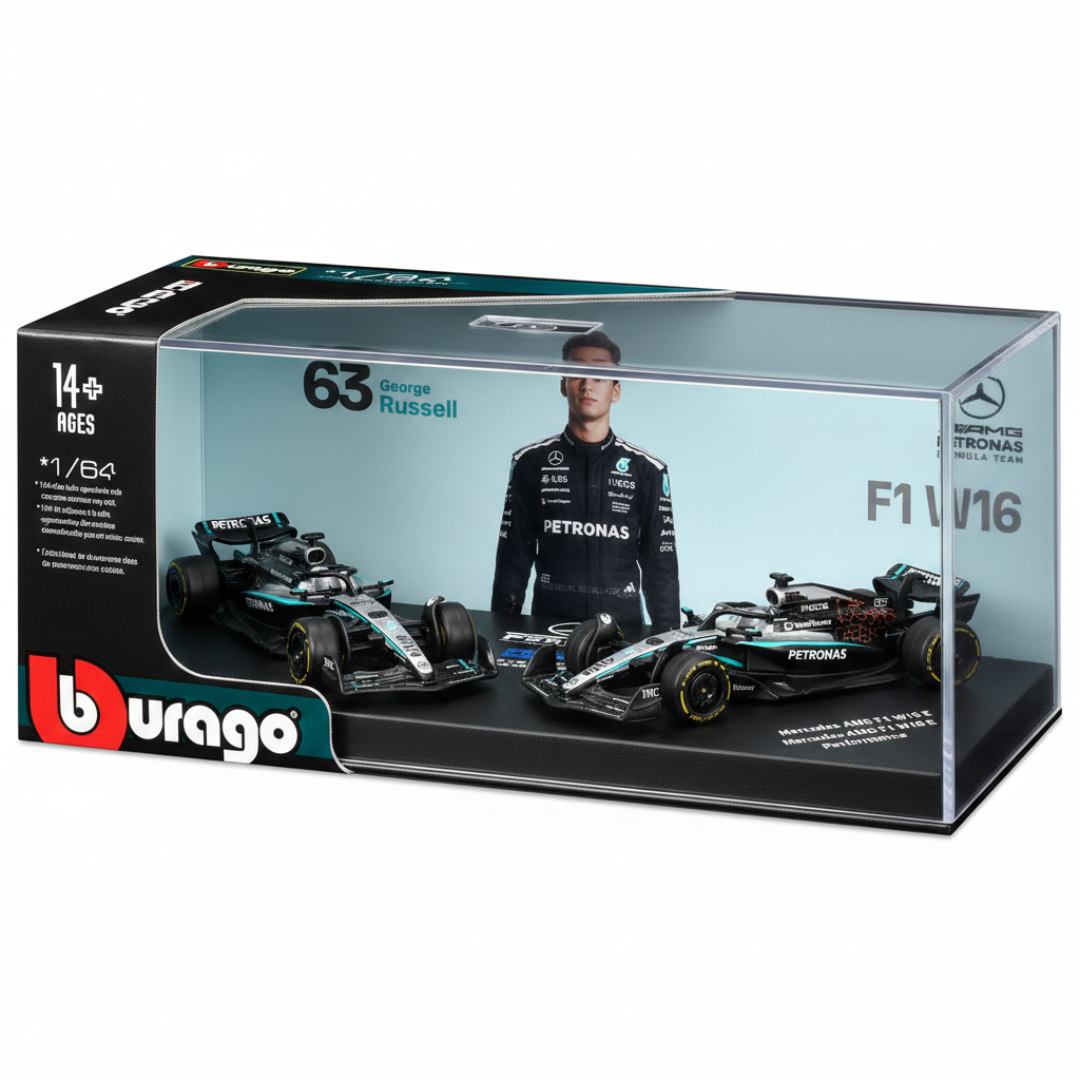 Bburago 2025 Mercedes-AMG Petronas F1 W16 George Russell Twin Pack Die-Cast Model Cars – Formula 1 1:64 Scale #63 (Preorder Ships 1st week of September)