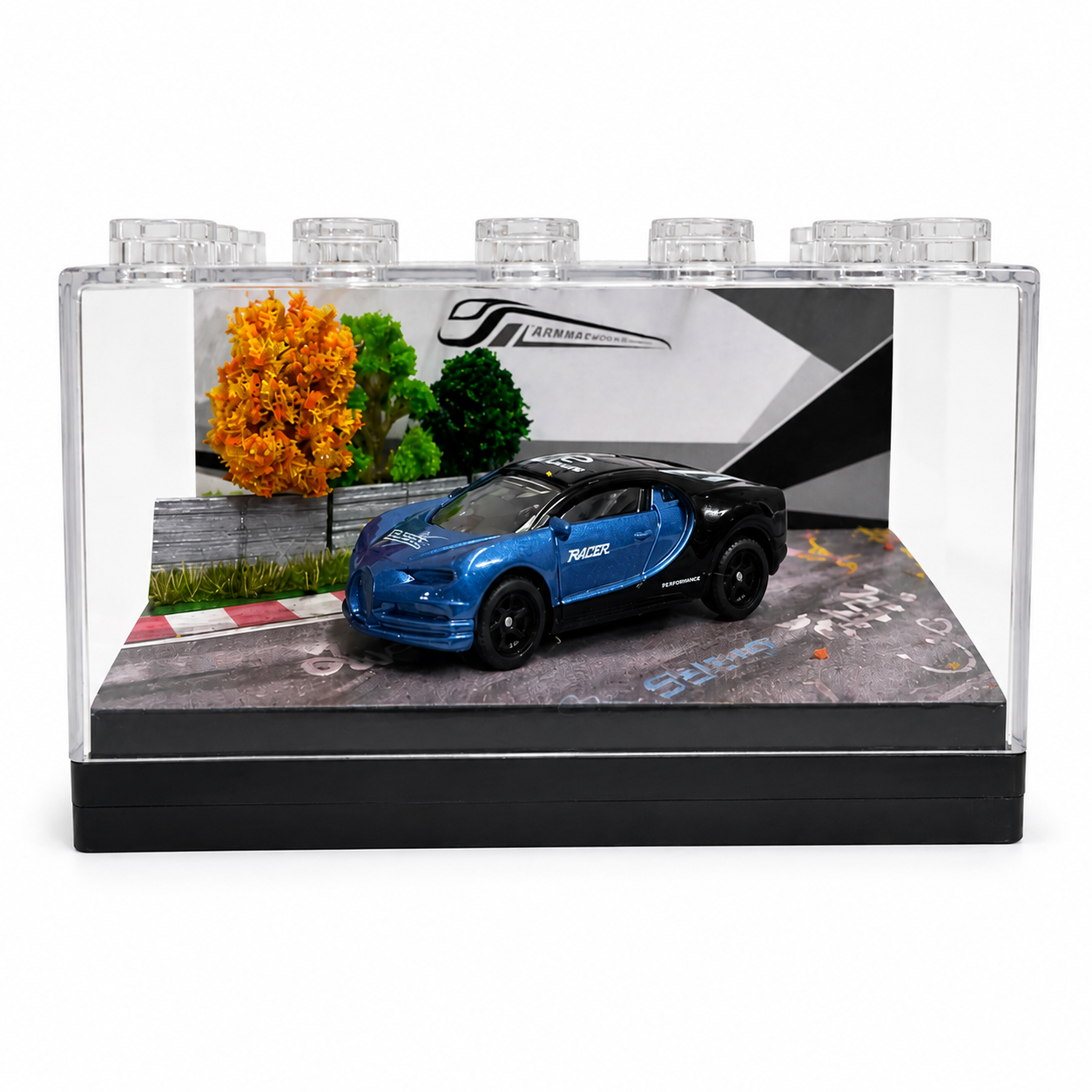 Blue Sports Car Miniature Diorama Display – Premium Trackside Scene with Acrylic Case