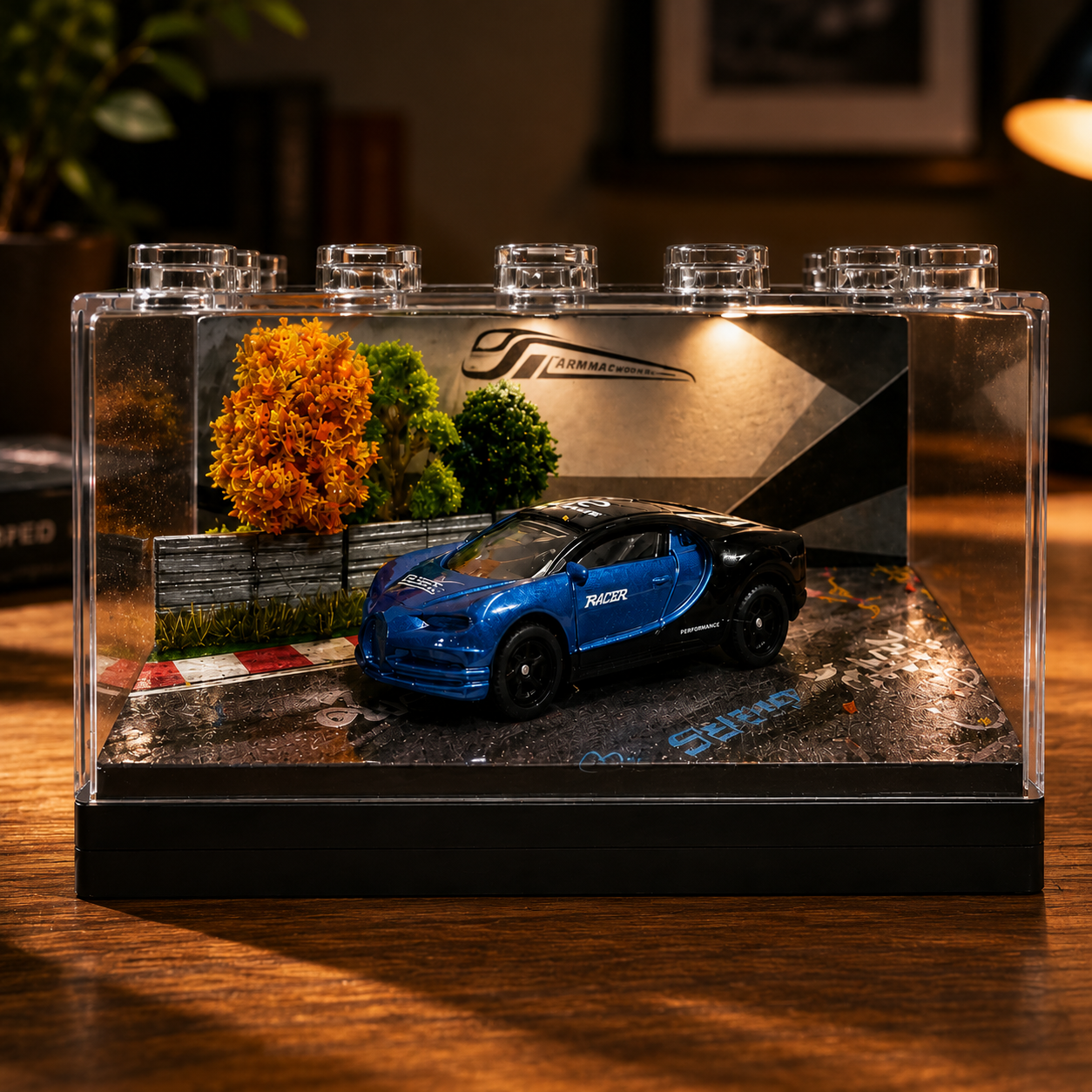 Blue Sports Car Miniature Diorama Display – Premium Trackside Scene with Acrylic Case