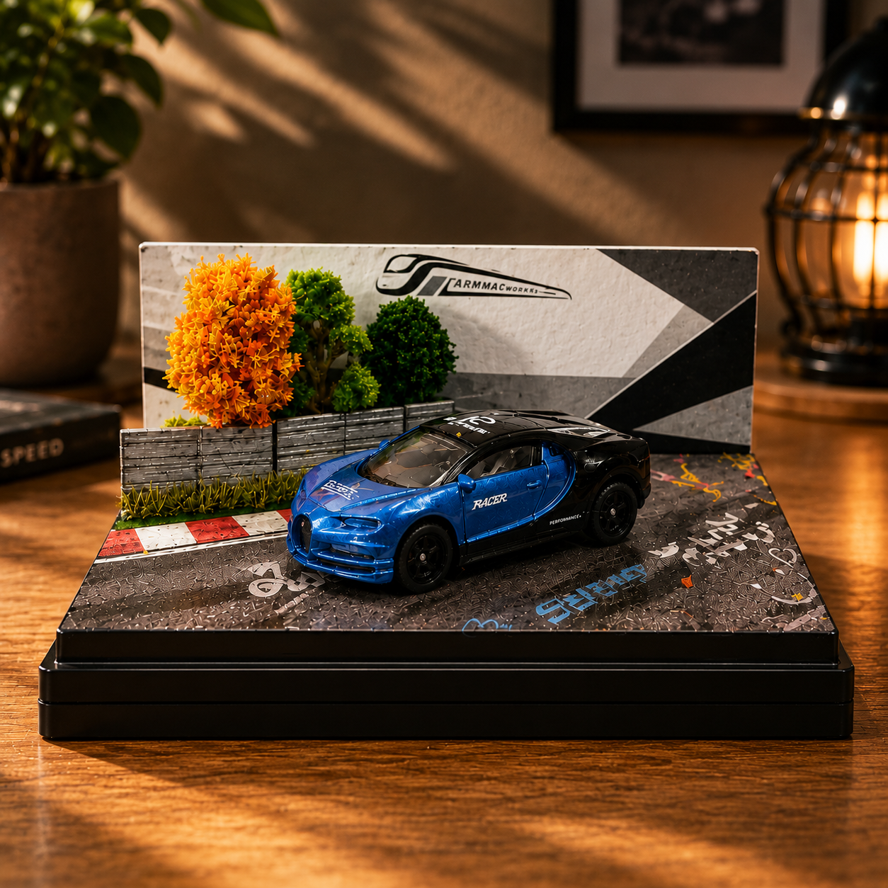 Blue Sports Car Miniature Diorama Display – Premium Trackside Scene with Acrylic Case