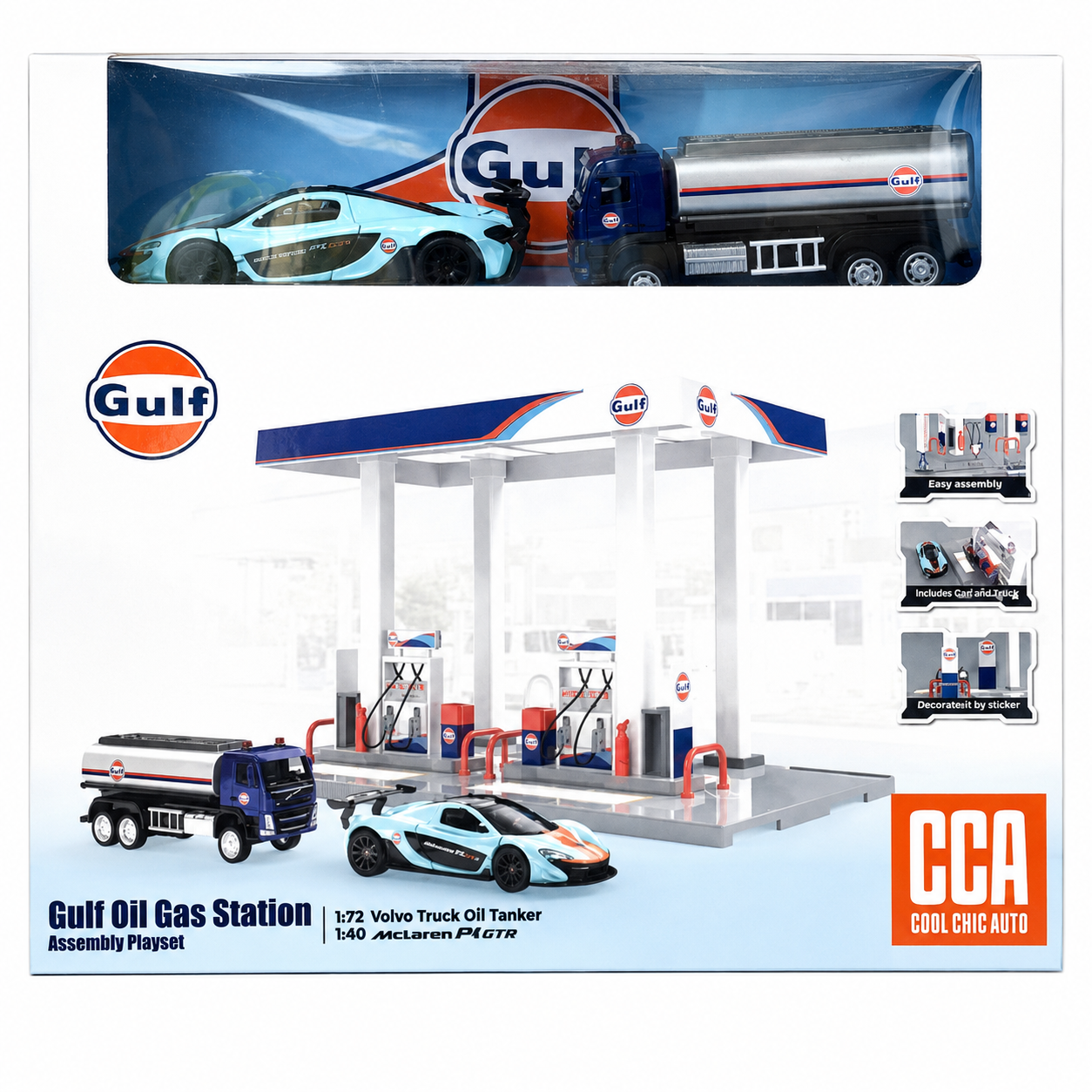 CCA Gulf Oil Gas Station Playset with McLaren P1 GTR & Volvo Oil Tanker