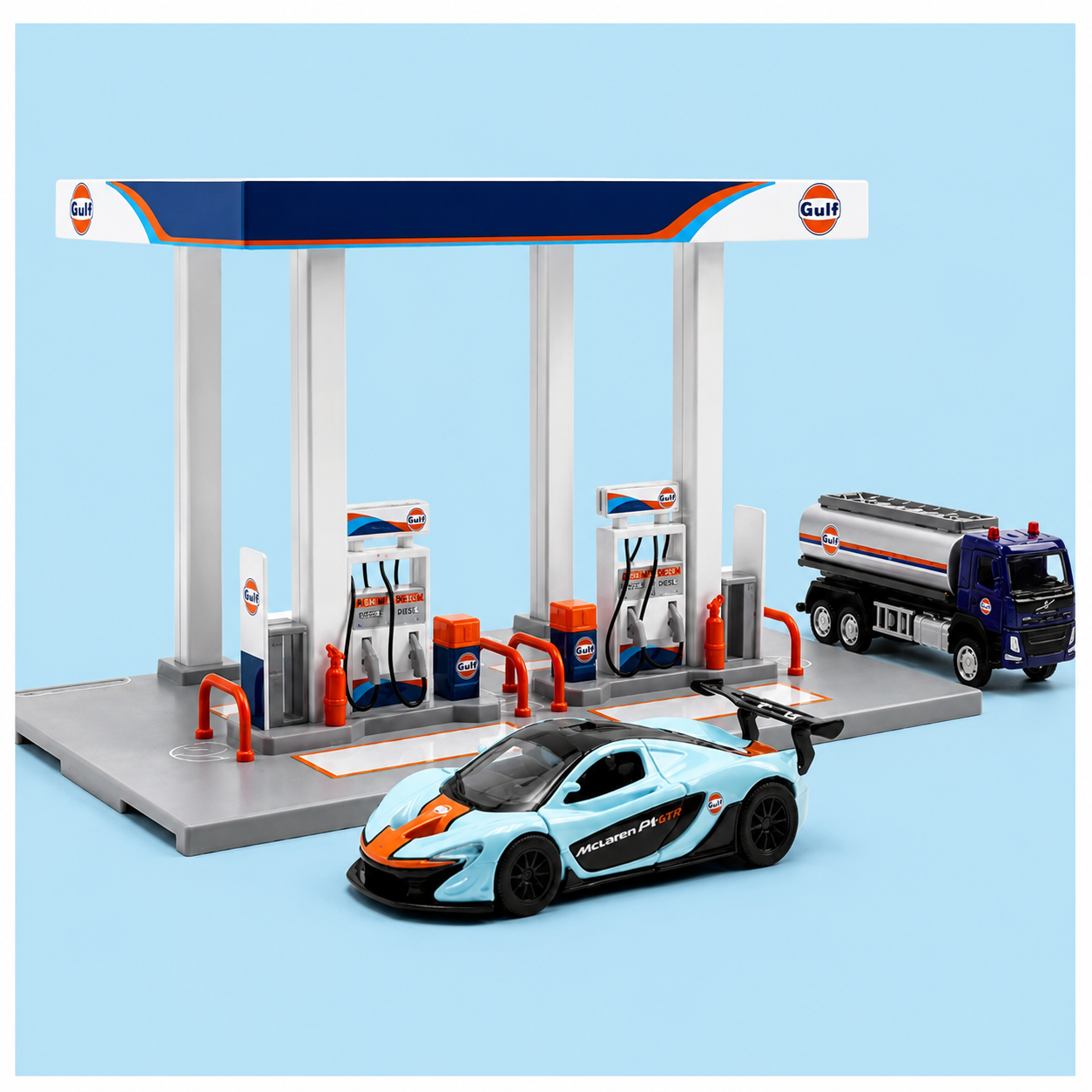 CCA Gulf Oil Gas Station Playset with McLaren P1 GTR & Volvo Oil Tanker