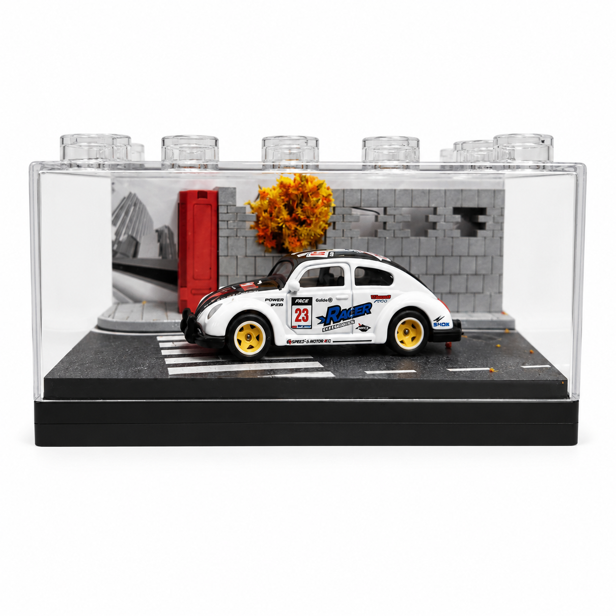 White Racing Car Miniature 1:64 Diorama Display – Premium Urban Street Scene with Acrylic Case