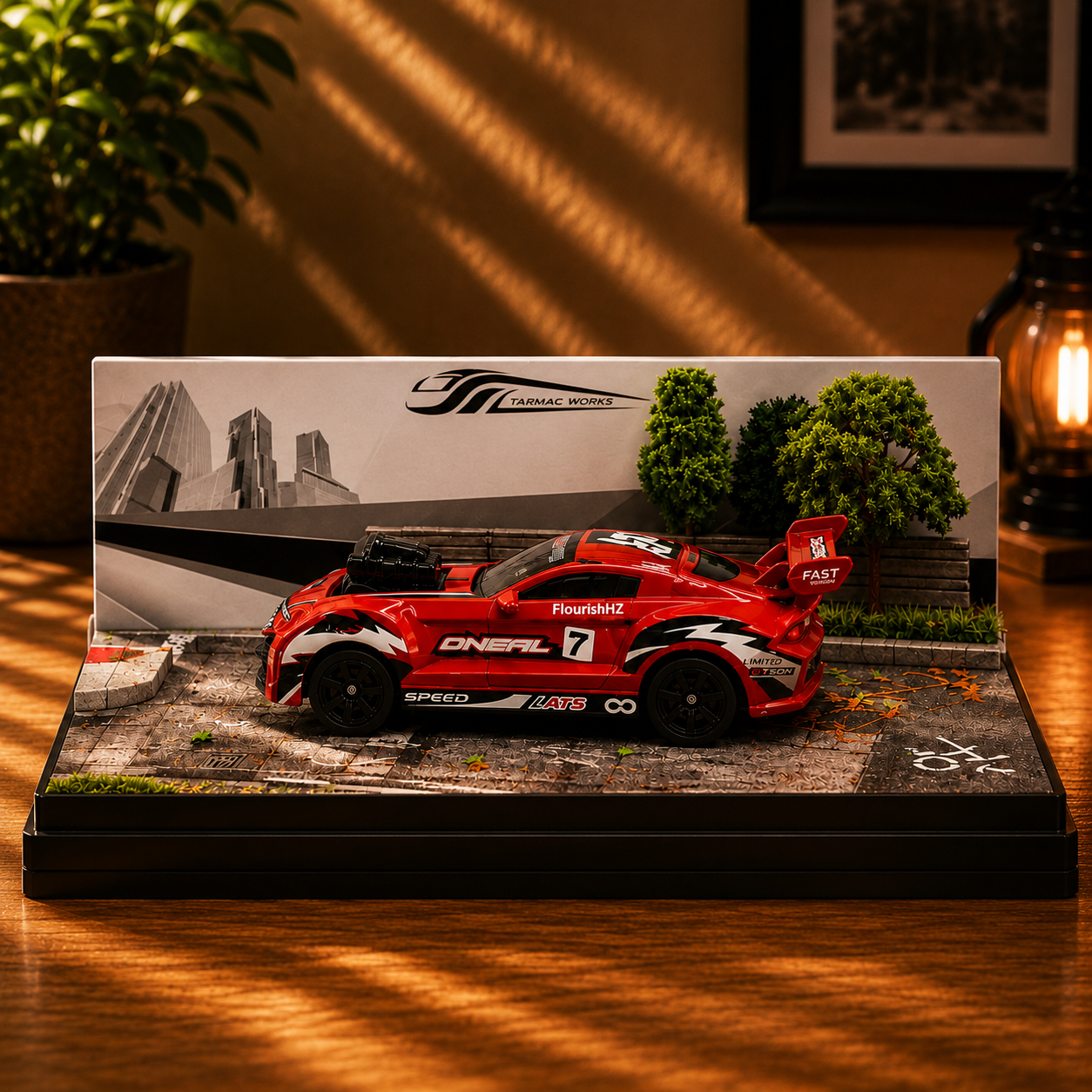 Red Racing Car Miniature 1:64 Diorama Display – Premium Trackside Scene with Acrylic Case