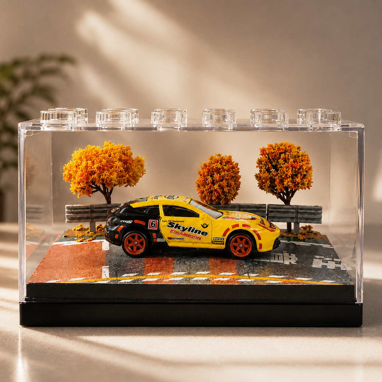 Yellow Racing Car Miniature  1:64 Diorama Display – Premium Trackside Scene with Acrylic Case |