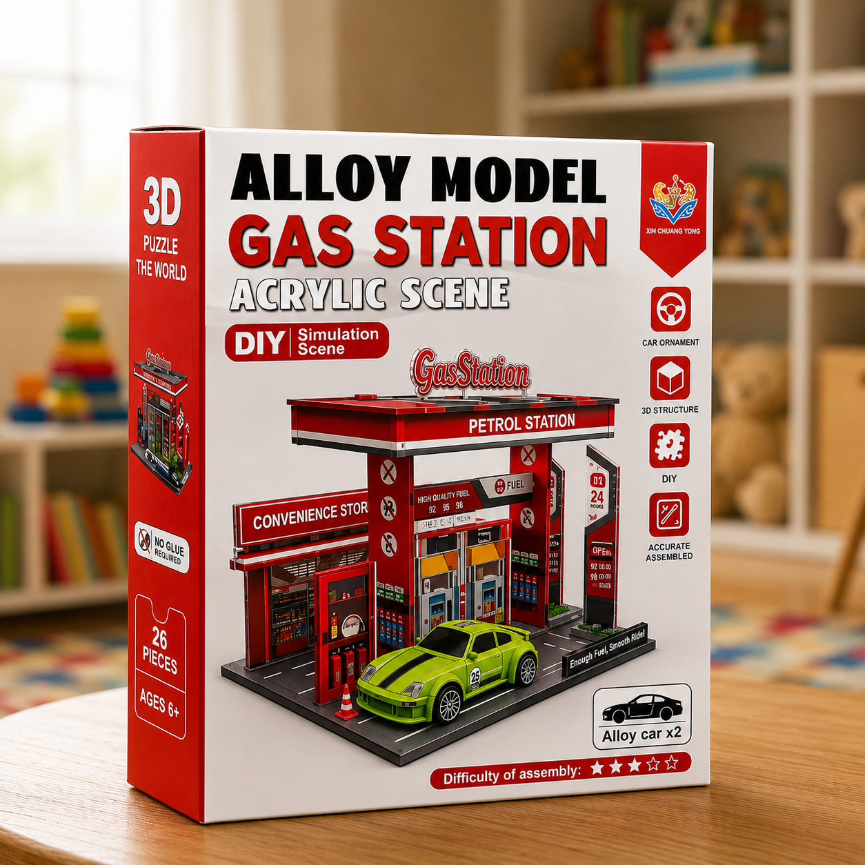 DIY Gas Station Diorama Playset with 2 Diecast Cars | 26-Piece Miniature Display Scene