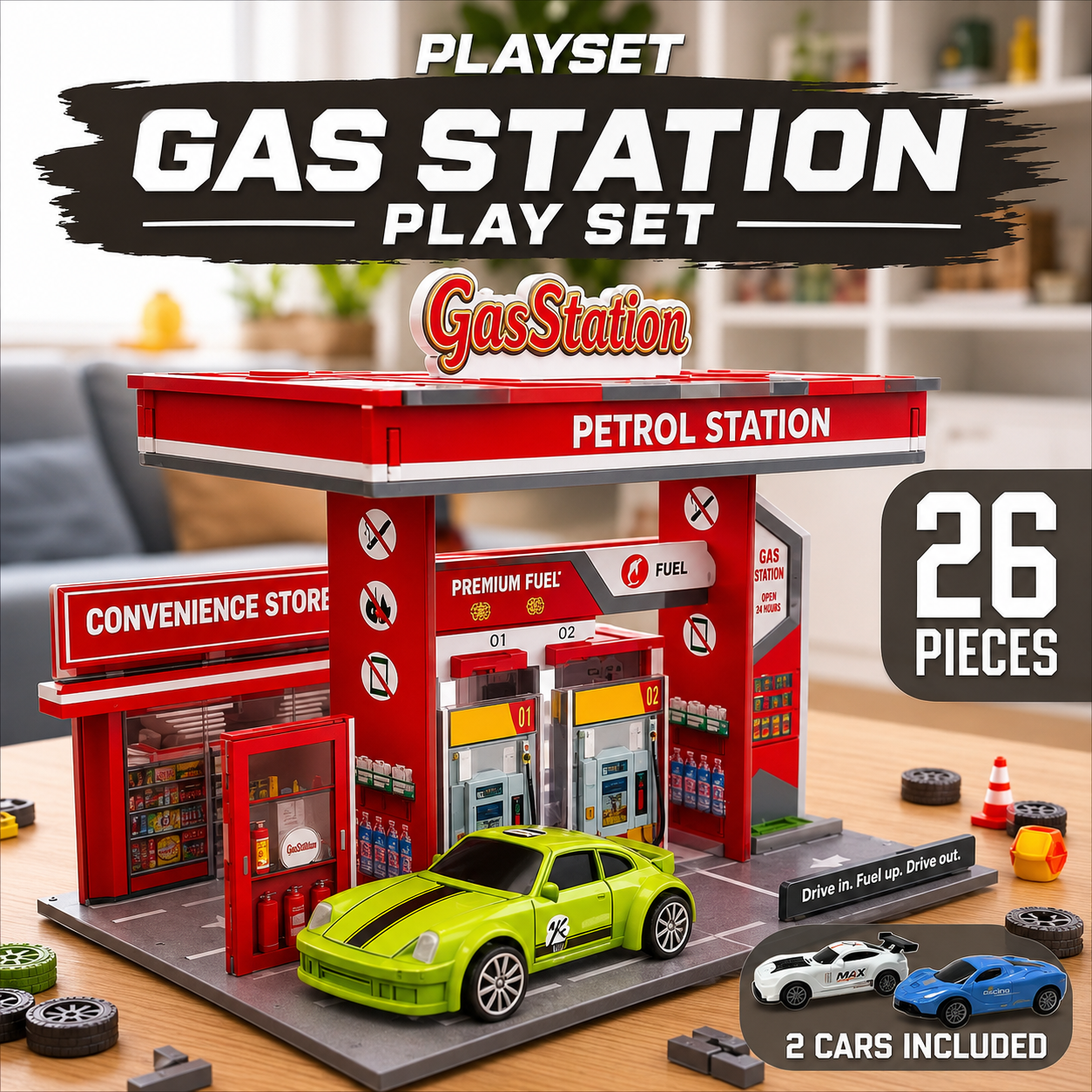 DIY Gas Station Diorama Playset with 2 Diecast Cars | 26-Piece Miniature Display Scene