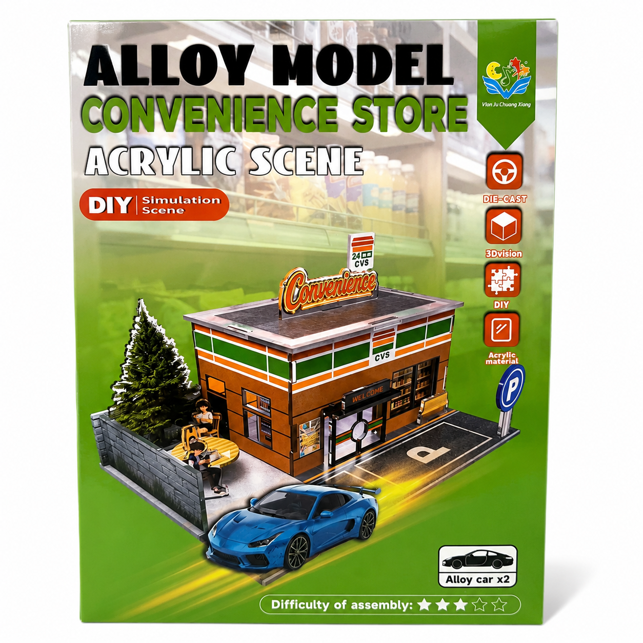 DIY Convenience Store Diorama with 2 Diecast Cars | 1:64 Scale Acrylic Display Scene