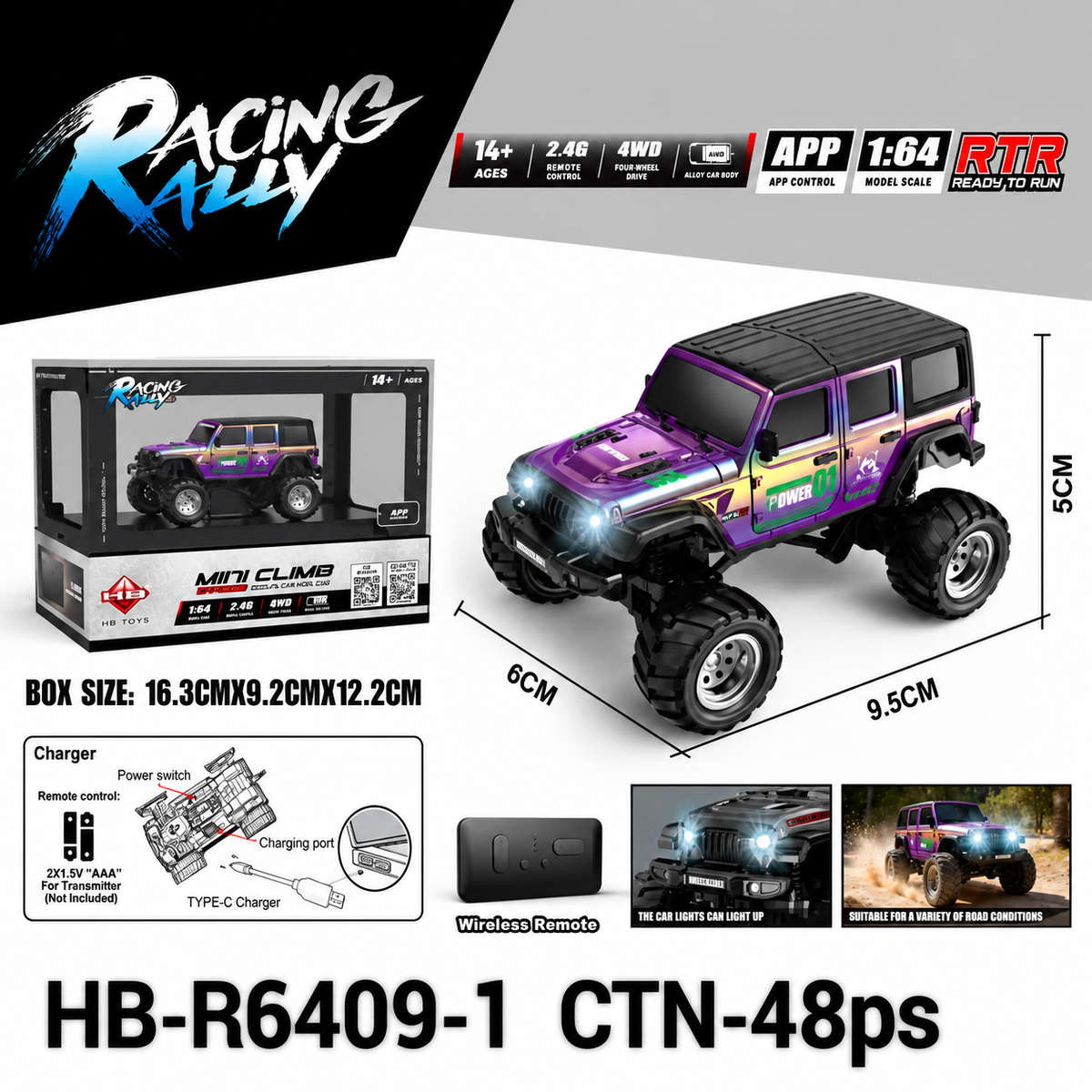 Racing Rally Mini Climb 1:64 4WD RC Car – 2.4GHz APP Control