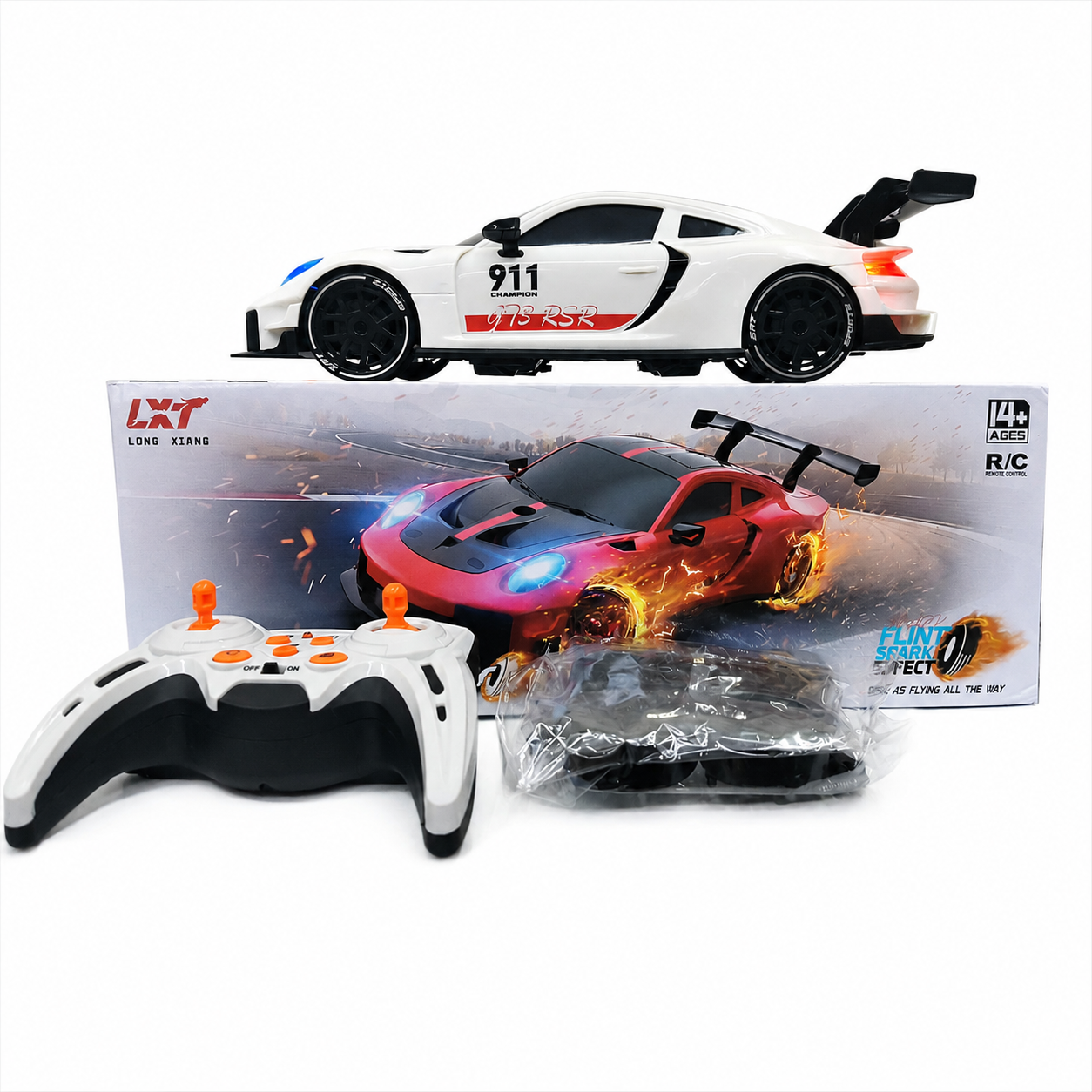 White Porsche 911 GT3 RSR RC Remote Control Sports Car with LED Lights & 2.4GHz Controller | Rechargeable High-Speed Racing Car