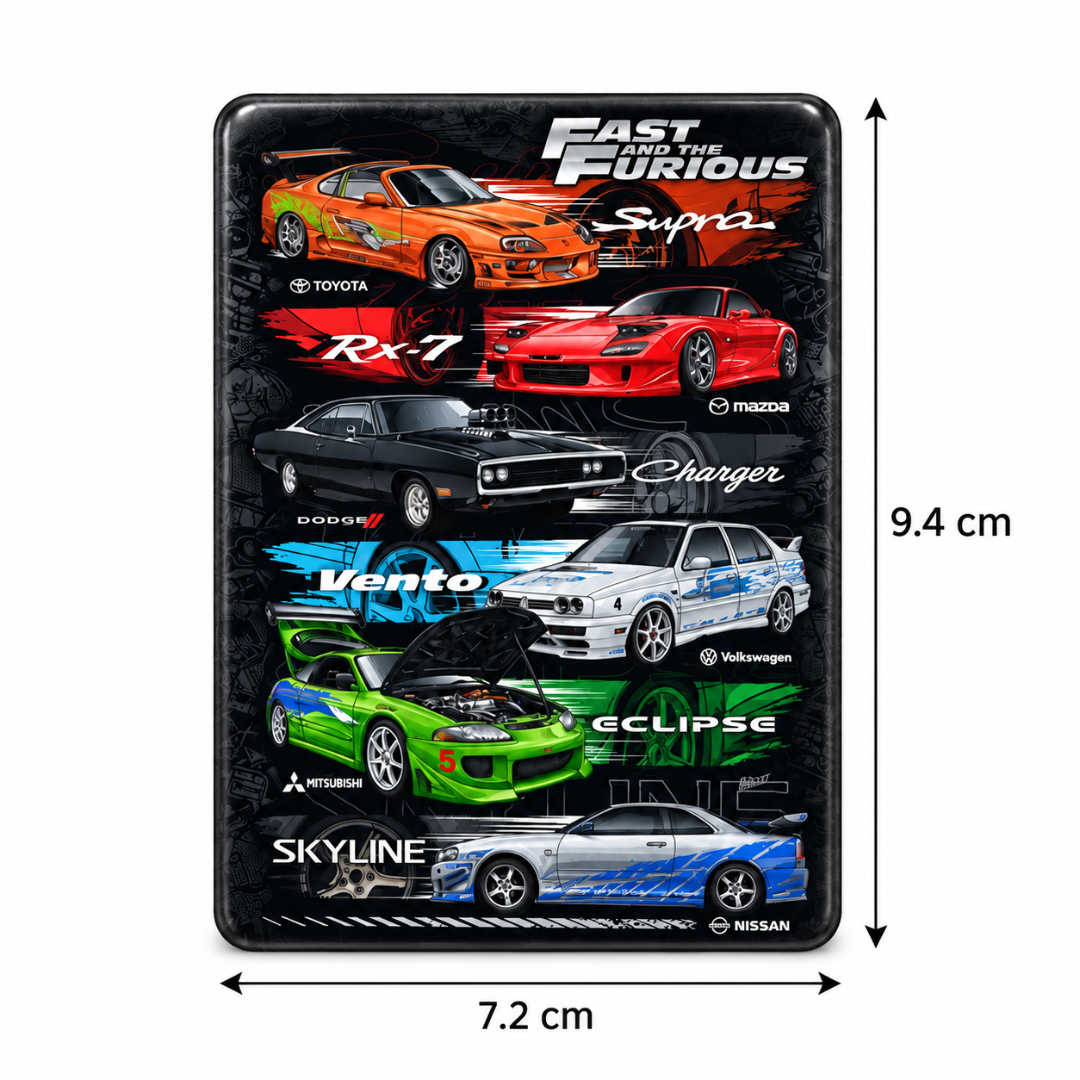 Fast & Furious Car Themed Fridge Magnet – Supra, RX-7, Charger, Vento, Eclipse & Skyline | 7.2 × 9.4 cm