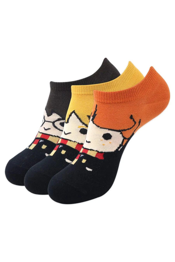 Harry Potter Character Lowcut Socks -Harry Ron & Hermione For Women (Pack Of 3 Pairs/1U) - Yellow, Brown & Orange - ThePeppyStore