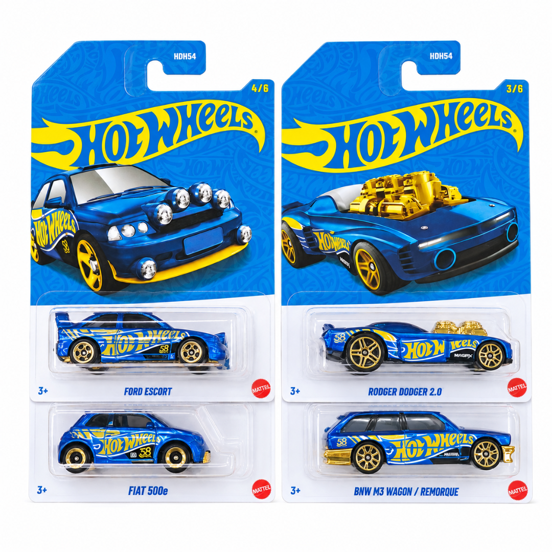 Hot Wheels 58th Anniversary Blue & Yellow Set of 4 – 1:64 Die-Cast Model Cars