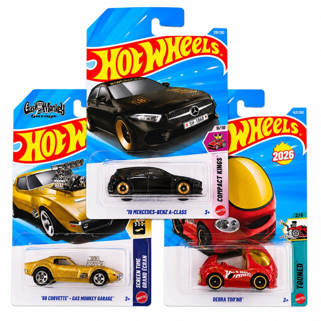 Hot Wheels Combo Set of 3 - '19 Mercedes-Benz A-Class, '68 Corvette Gas Monkey Garage & Deora Too'nd Imported Mainline