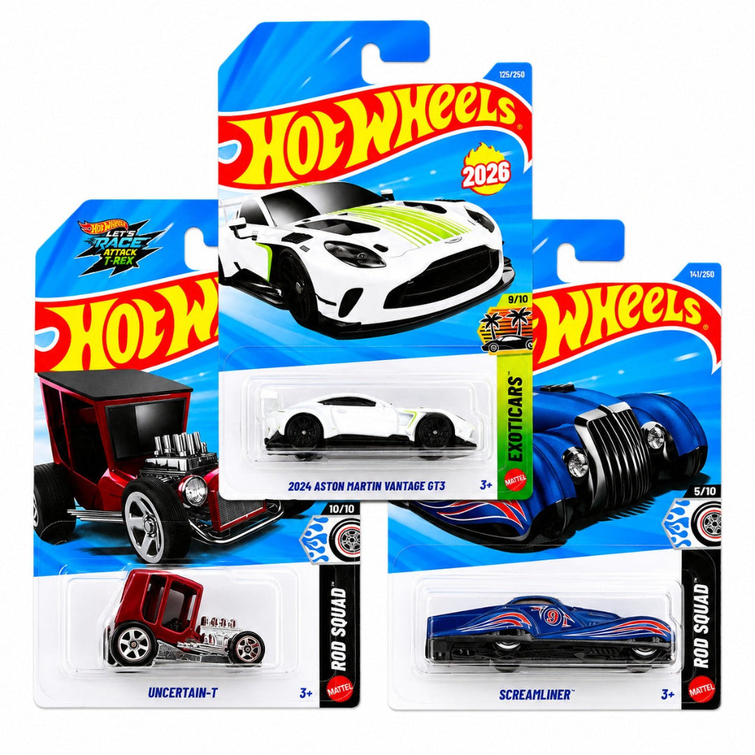 Hot Wheels Combo Set of 3 - 2024 Aston Martin Vantage GT3, Uncertain-T & Screamliner Imported Mainline