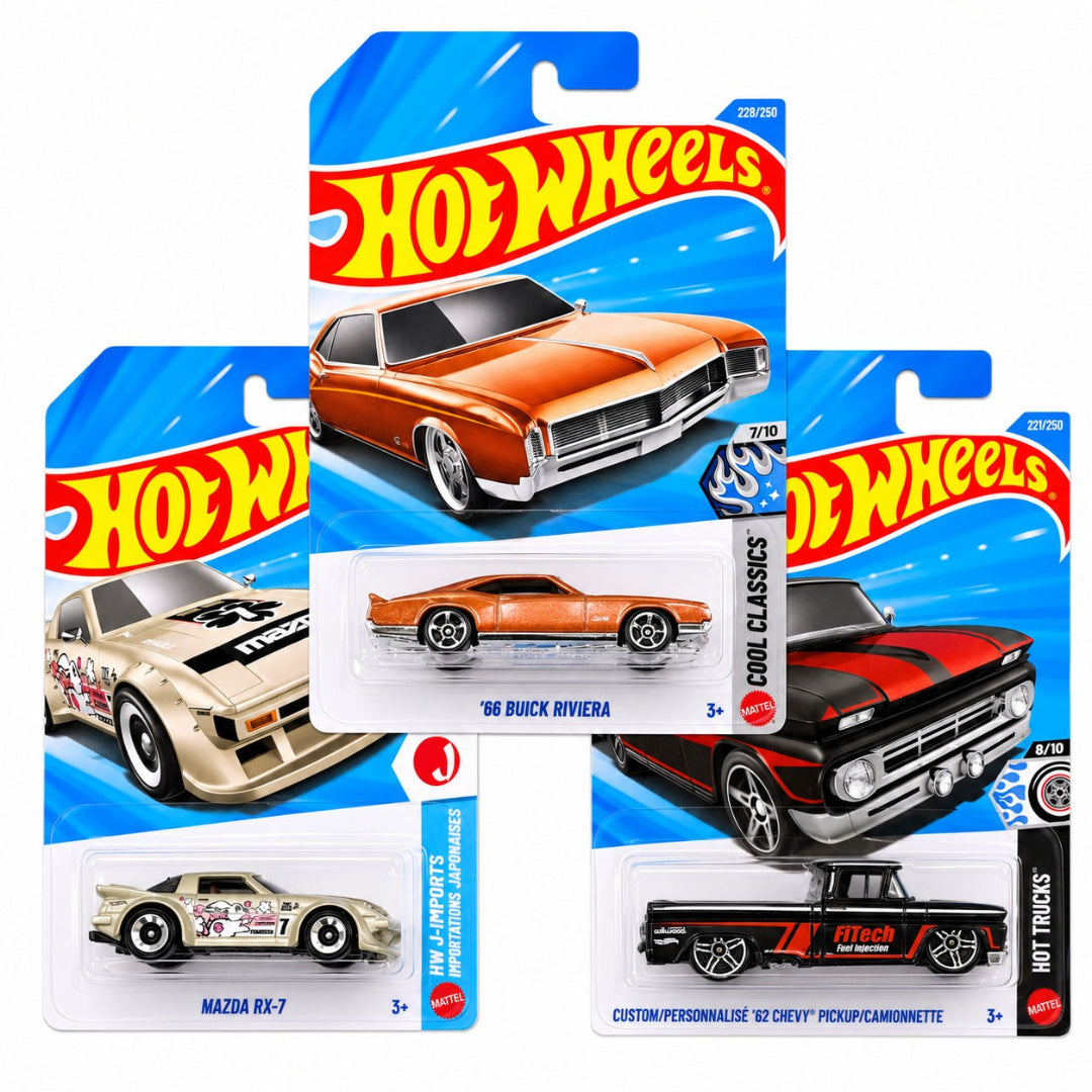 Hot Wheels Combo Set of 3 - '66 Buick Riviera, Mazda RX-7 & Custom '62 Chevy Pickup Imported Mainline