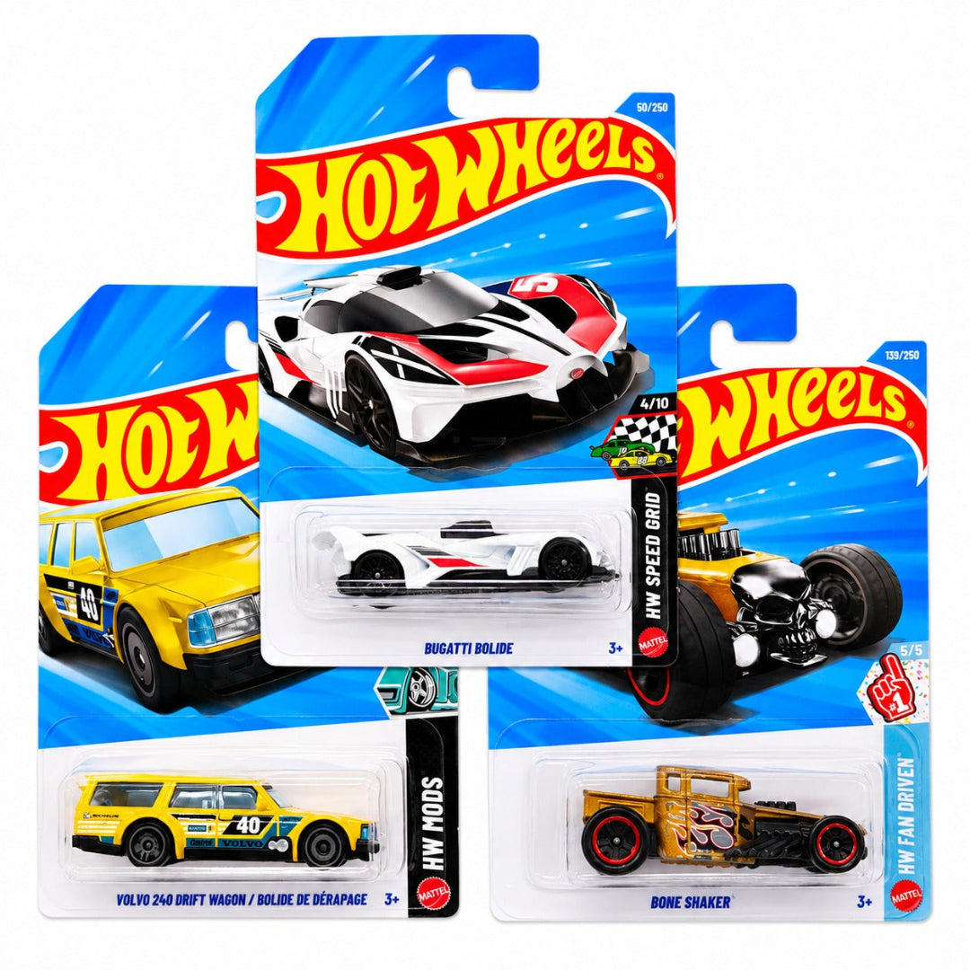 Hot Wheels Combo Set of 3 - Bugatti Bolide, Volvo 240 Drift Wagon & Bone Shaker Imported Mainline