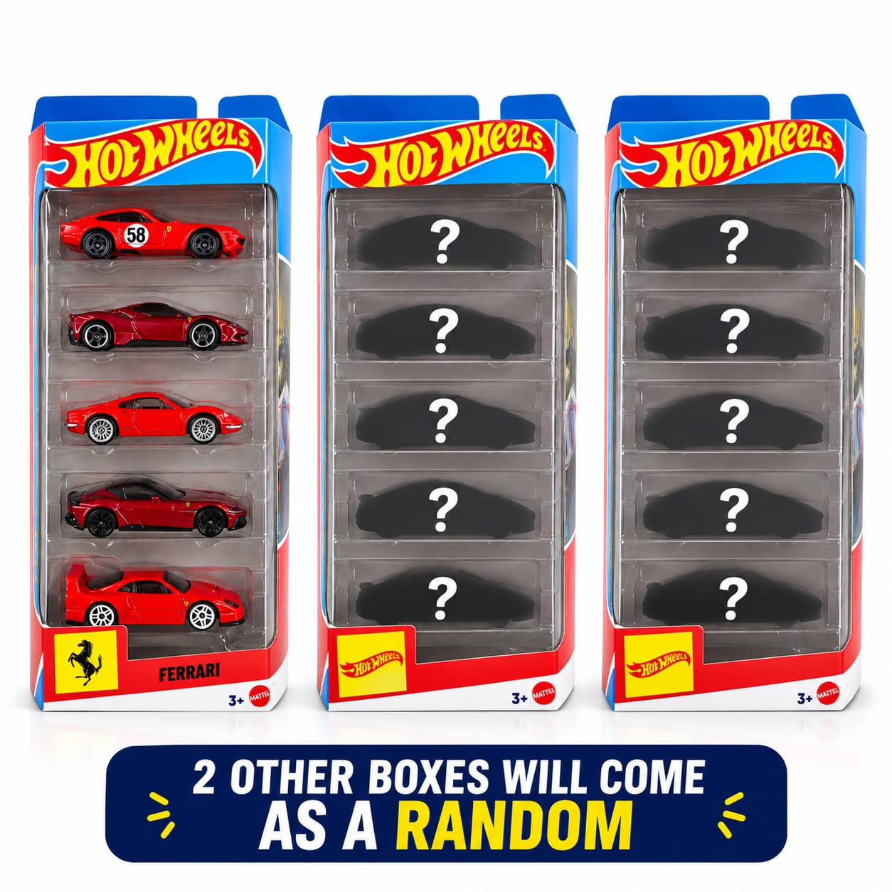 Hot Wheels Ferrari (Pack Of 5) + 2 Random Hot Wheels  (Pack Of 5) 1:64 Scale