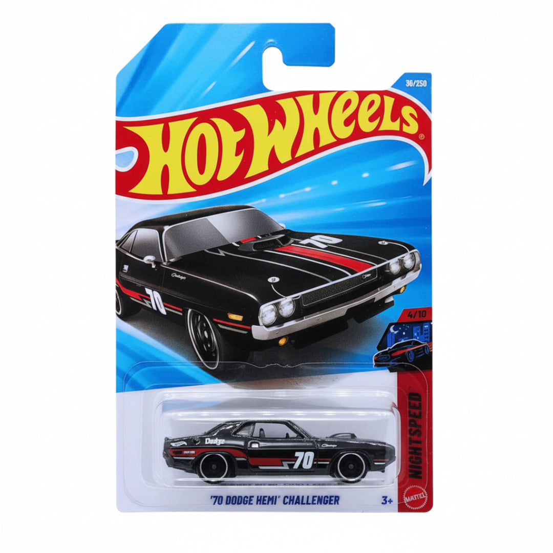 Hot Wheels Imported 70 Dodge HEMI Challenger 1:64 Diecast Car – Night Speed