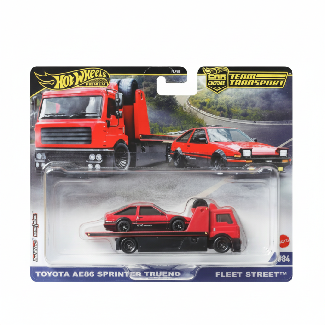 Hot Wheels Premium Toyota AE86 Sprinter Trueno with Fleet Street Transporter – Car Culture Team Transport 1:64 Scale Die-Cast Set