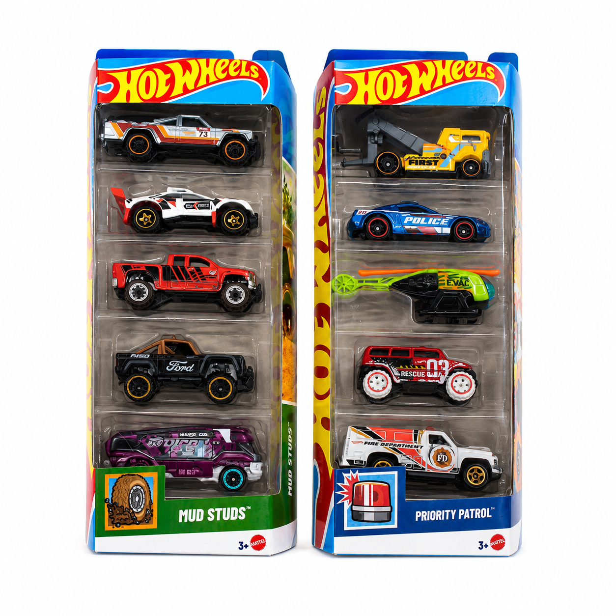 Hot Wheels Pack of 5 (Set of 2) – Mud Studs & Priority Patrol